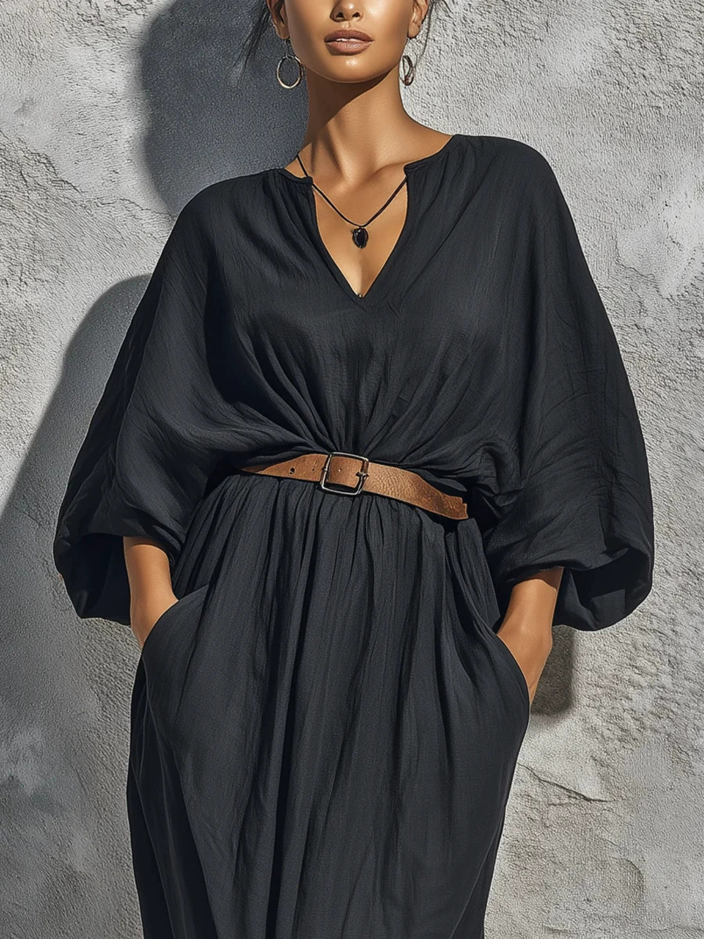 ZARA Summer Lazy Batwing Sleeve Cotton Linen Cinched Long Vacation Dress